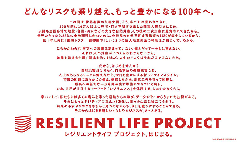 どんなリスクも乗り越え、もっと豊かになる100年へ
この国は、世界有数の災害大国。そう、私たちは言われてきた。
100年前に10万人以上の死者・行方不明を関東大震災をはじめ、
以降も全国各地で地震・台風・洪水などの大きな自然災害、その後の二次災害に見舞われてきたから。
世界のたった0.25％の土地面積しかないのに、全世界の自然災害被害総額の16％が集中している(※)から。
数十年以内に「南海トラフ」「首都直下」という2つの巨大地震発生の可能性が高まっているから。
にもかかわらず、防災の意識は高まっていない。備えだって十分とは言えない。
それは、その災害がいつくるかわからないから。
地震も津波も台風も洪水も怖いけれど、人生のリスクはそれだけではないから。
だから、はじめませんか？
自然災害だけでなく、交通事故や健康被害など、
人生のあらゆるリスクに備えながら、今日を豊かにするライフスタイル。
将来の困難にあらかじめ備え、適応しながら、創意工夫をもって回復し、
成長への新たな一歩を踏み出す準備ができている毎日。
いま、世界が注目するキーワード「レジリエンス」を体現する、しなやかなくらし。
幸いにして、私たちには多くの痛みを伴った経験からの学び、データやそこからうまれた技術がある。
それはもっとポジティブに捉え、体系化し、日々の生活に役立てられる。
将来の不安やリスクをきちんと見つめながらも、今日を豊かにすることができる。
そこからはじまる新しいくらしやビジネスが、きっとある。
RESILIENT LIFE PROJECT
レジリエントライフプロジェクト、はじまる。
※出典：内閣府HP（2023年時点）