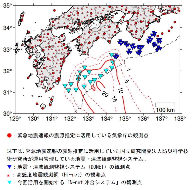 南は緯度30度から北は35度、西は経度129度から東は138度まで表示されている地図（南は九州地方から東は静岡県浜松市あたりの地図）に観測点が表示されている。
赤丸：緊急地震速報の震源推定に活用している気象庁の観測点
以下は、緊急地震速報の震源推定に活用している国立研究開発法人防災科学技術研究所が運用管理している地震・津波観測監視システム。
青逆三角：地震・津波観測監視システム（DONET）の観測点
赤三角：高感度地震観測網（Hi-net）の観測点
水色逆三角：今回活用を開始する「N-net沖合システム」の観測