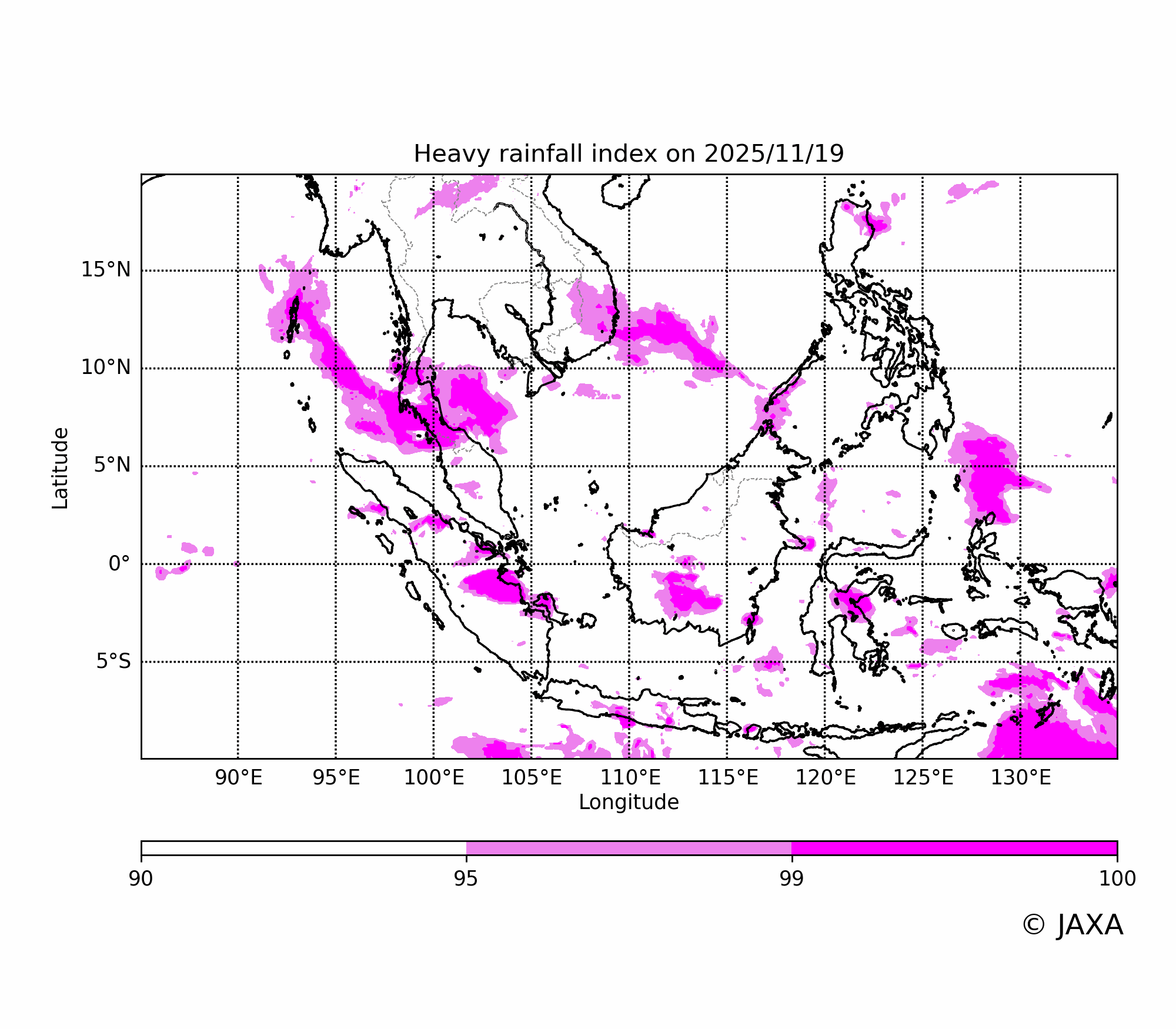 2025年11月19日から11月29日における豪雨指数の日変化（90, 95, 99パーセンタイル値）。